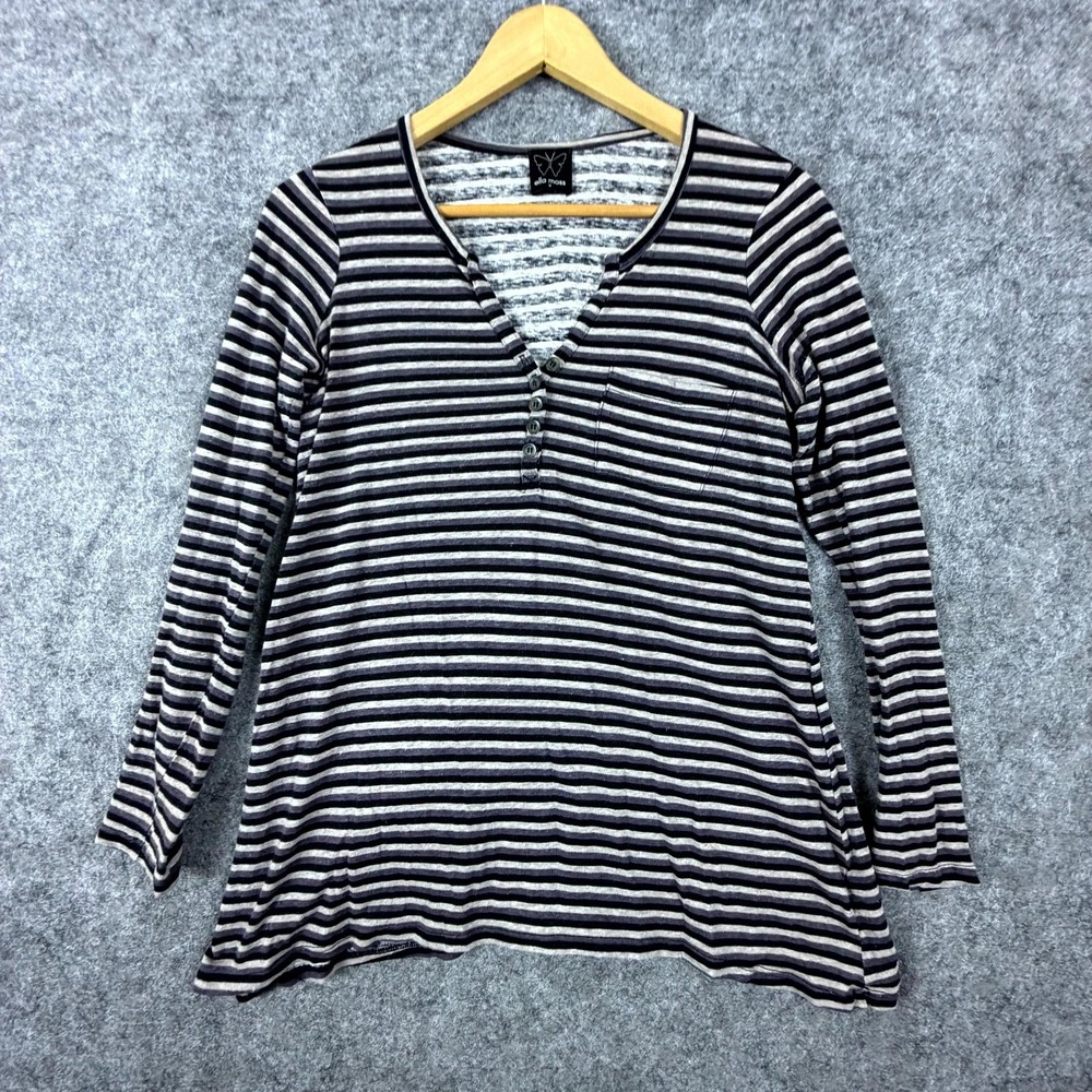 Ella Moss Henley Top Womens Medium Purple Striped Cotton Chest Pocket V-Neck